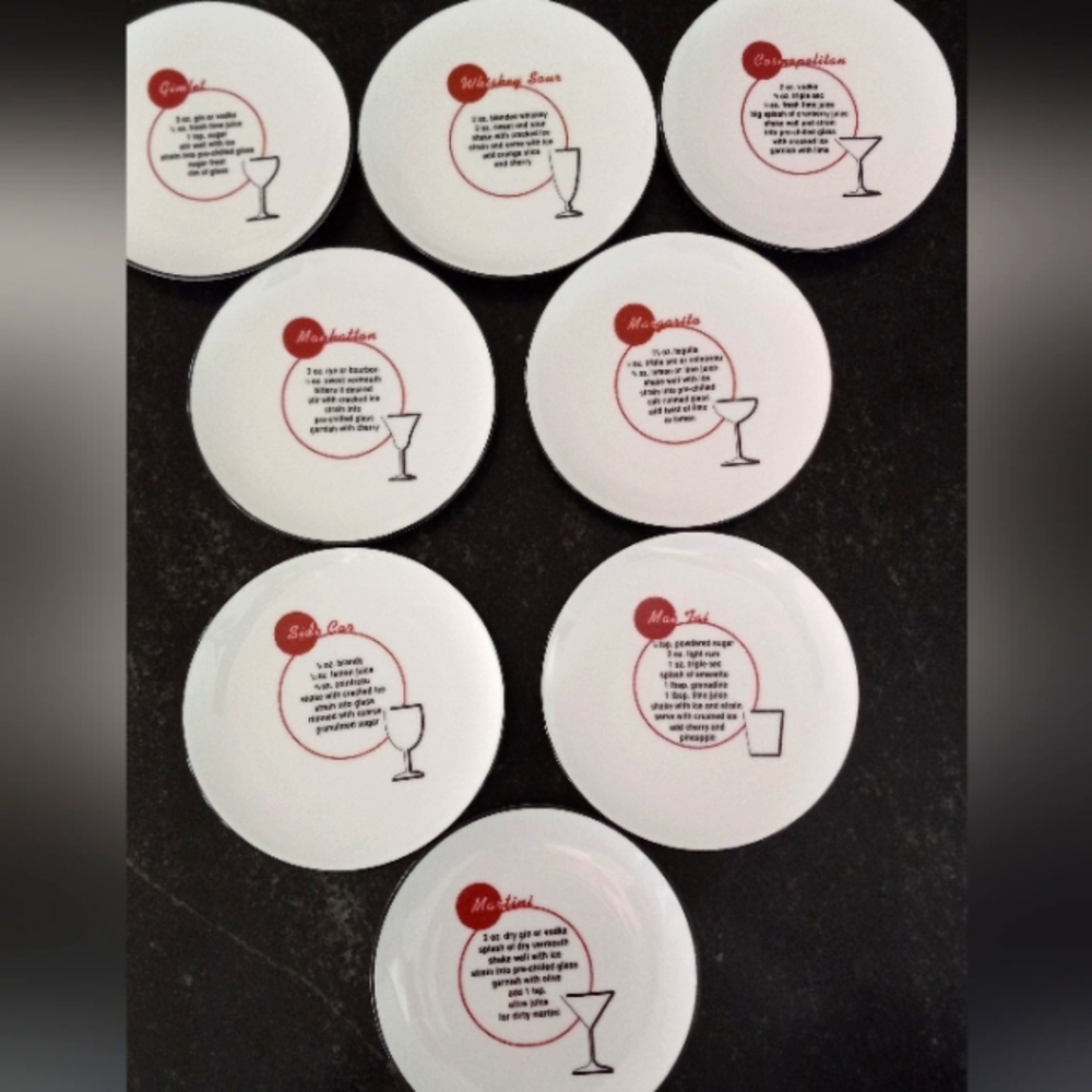 POTTERY BARN RETRO COCKTAIL RECIPE COASTERS 4.25" SET OF 8